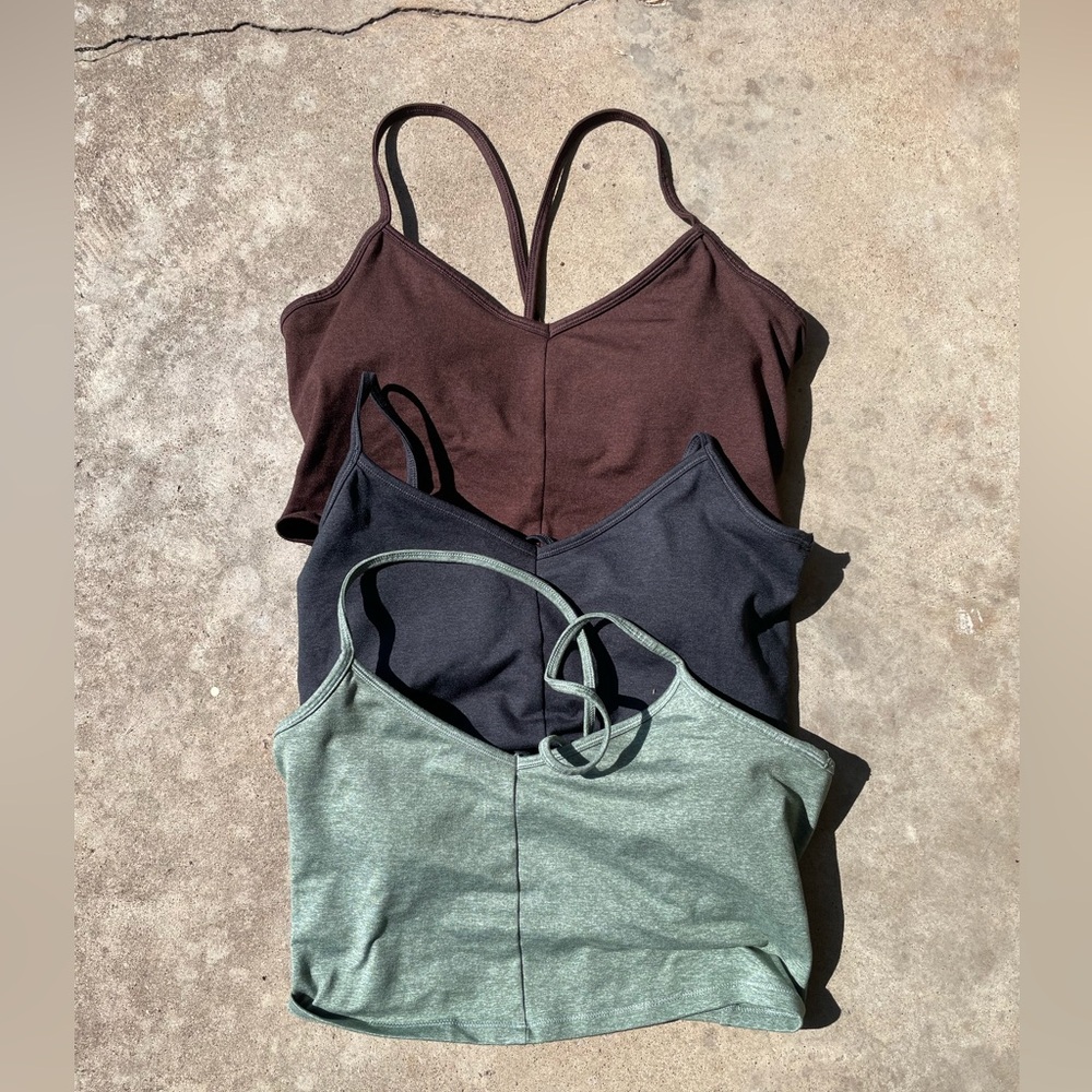 All in Motion Chocolate Brown, sage green and heather black sports crop tank bra